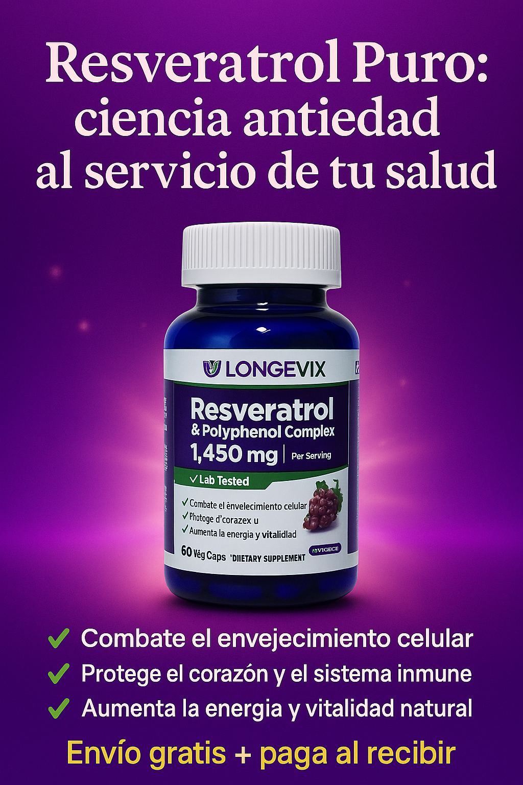 🍇 Resveratrol Premium 1450 mg – Antioxidante Natural Antiedad (60 cápsulas)