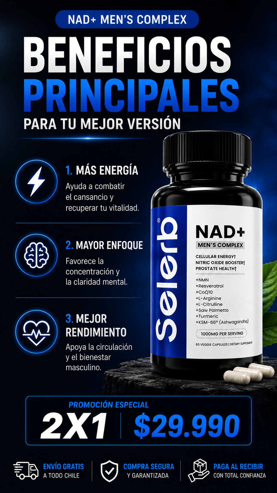 SELERB NAD+MEN'S 1000mg - Energía Real y Vitalidad Masculina Todos los Días 🔥