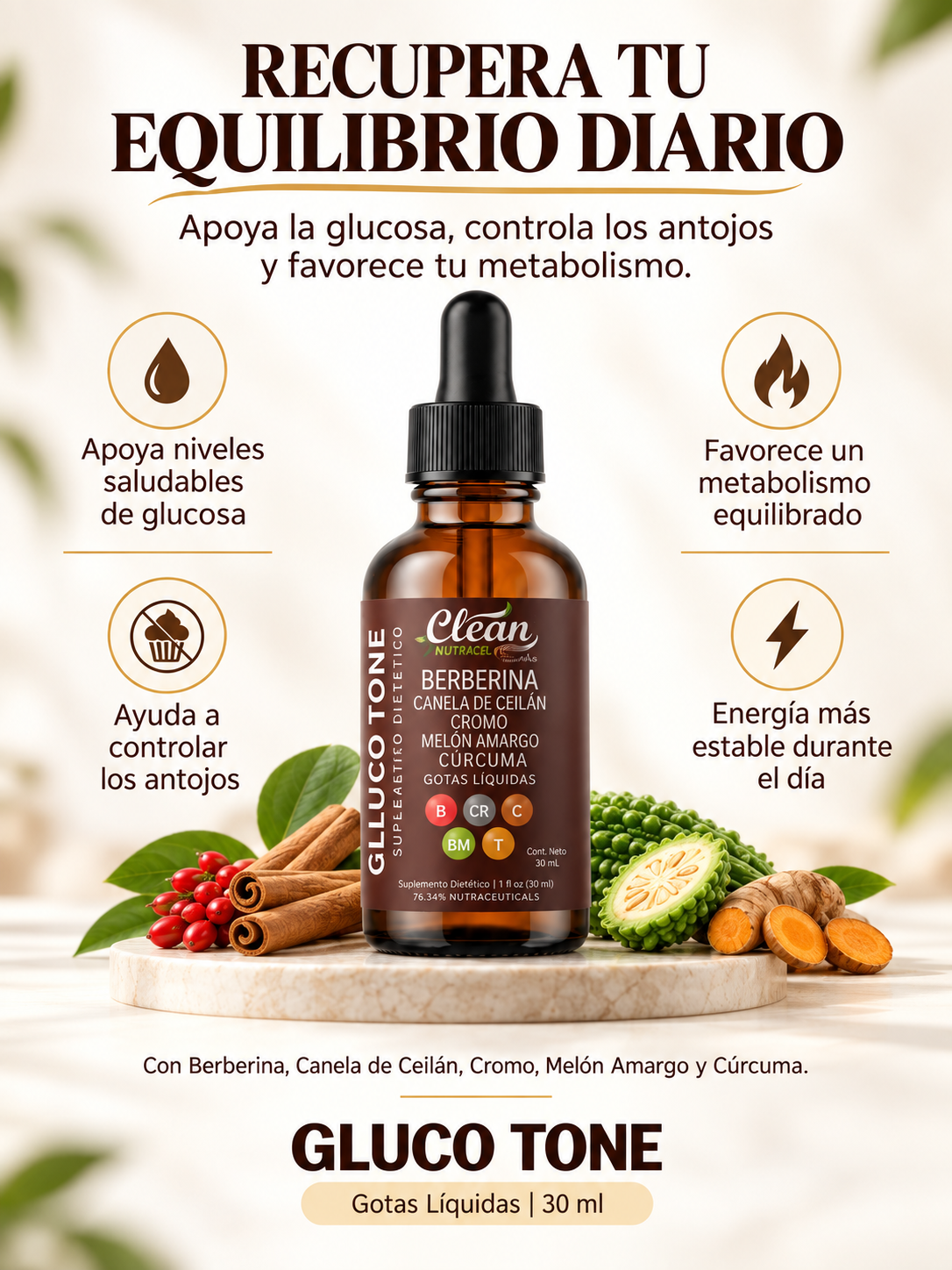 Gluco Tone Berberina Líquida 30 mL – Equilibra tu Metabolismo, Controla Antojos y Recupera tu Energía